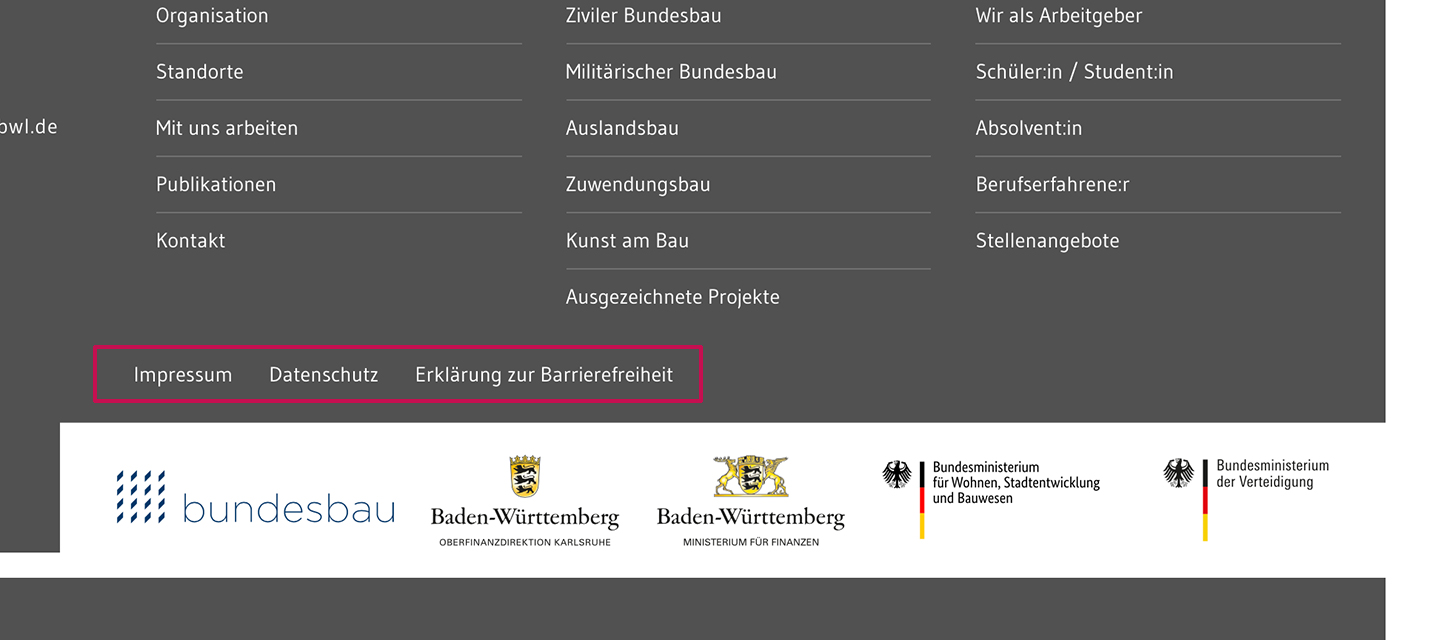 Screenshot Links zu Impressum, Datenschutz, Erklärung zur Barrierefreiheit im Footer der Homepage www.bundesbau-bw.de