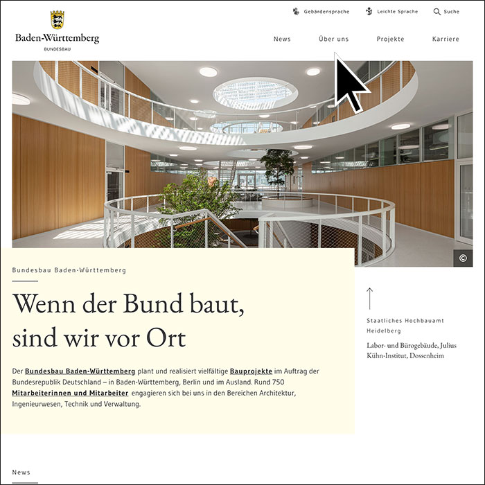 Screen Homepage www.bundesbau-bw.de mit Mauszeiger