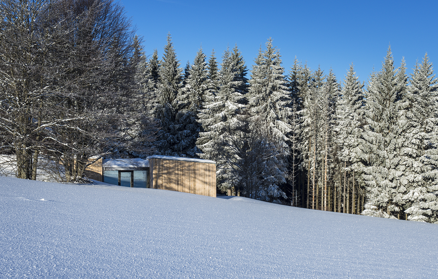 Das moderne Holzgebäude passt sich gut der verschneiten Landschaft an