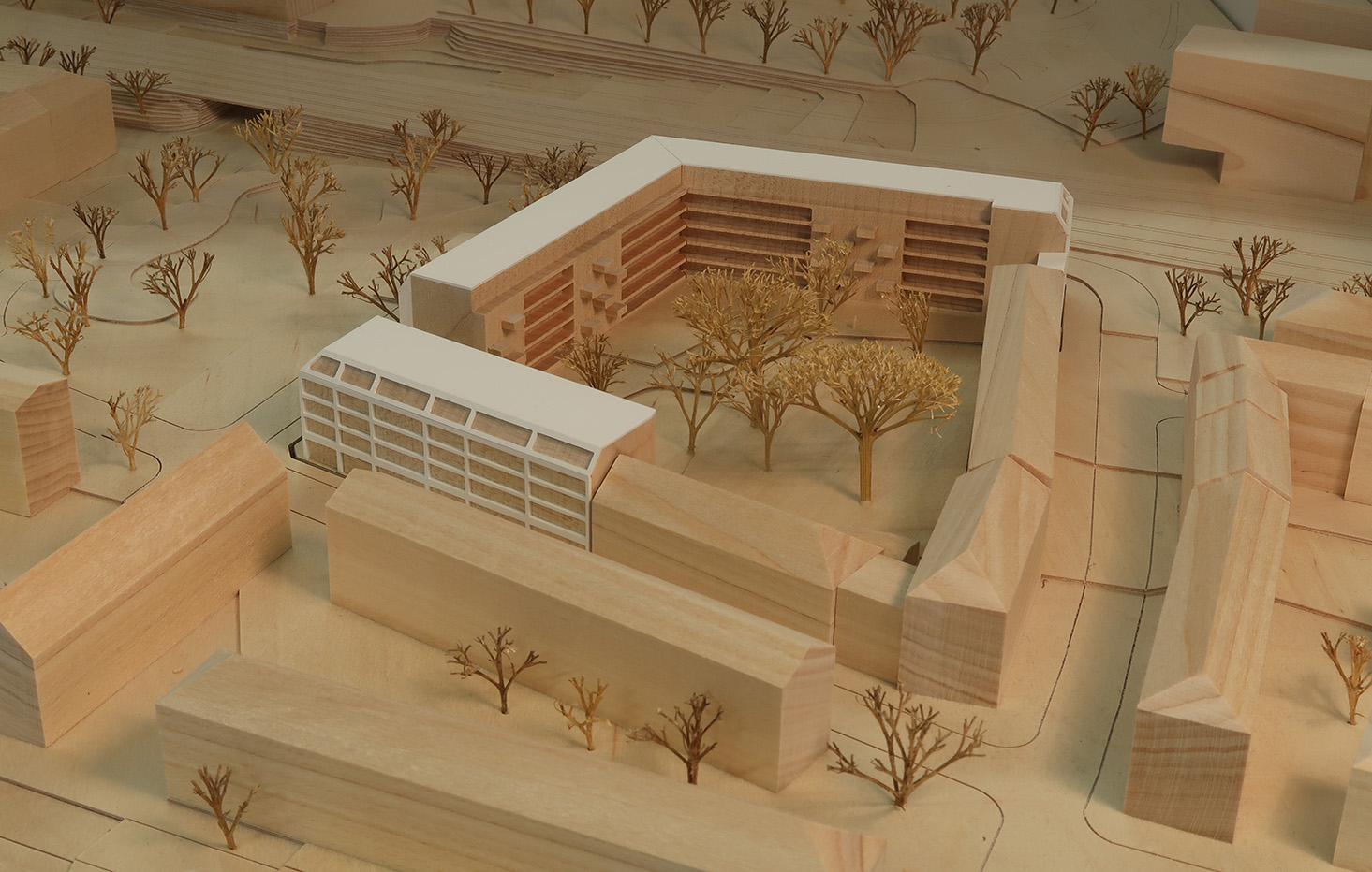 Aufnahme des Architekturmodells aus Holz zum Wohnungsbauprojekt im Stühlinger