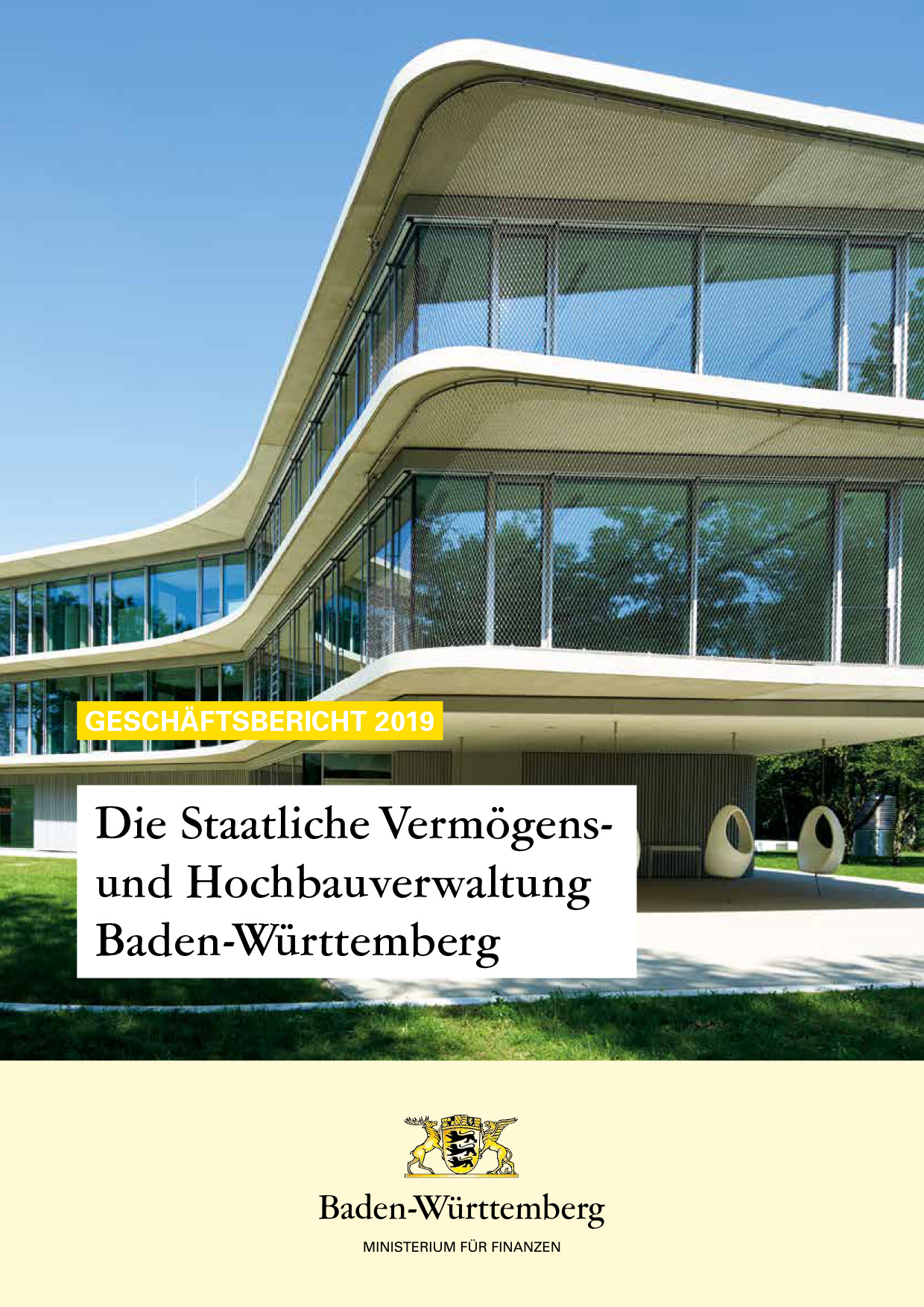 farbiger Titel des Geschäftsberichts 2019 der Staatlichen Vermögens- und Hochbauverwaltung Baden-Württemberg