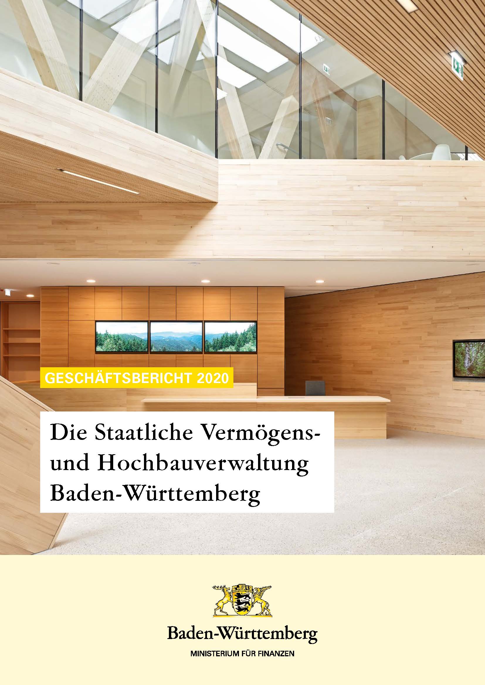 farbiger Titel des Geschäftsberichts 2020 der Staatlichen Vermögens- und Hochbauverwaltung Baden-Württemberg